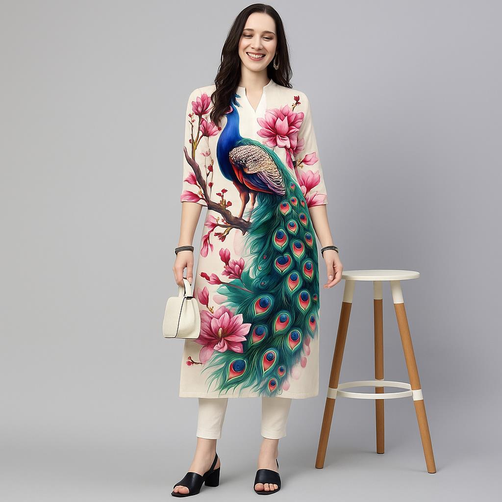 Ethnic Fashion Kurtis - Pfau Damen Kurt Casual Fashion Kleid