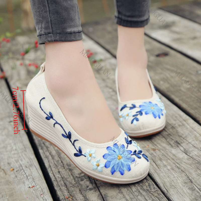 Ethnic Fashion In - Bestickte Damen-Komfort-Keilabsatzschuhe, modische Schleifen-Damenschuhe mit hohen