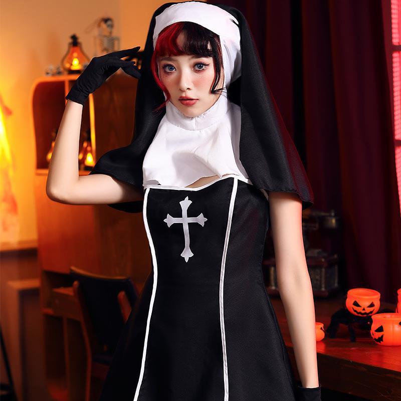 Ethnic Wear - Halloween-Party Nonnen-Kurzrock-Set Kreuz-Print Offene Brust Rollenspiel