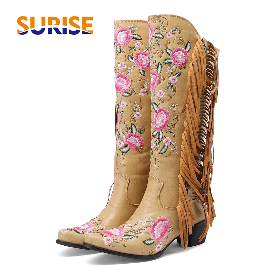 Ethnic Fashion In - Mode Stickerei Blume Western Kniehohe Stiefel